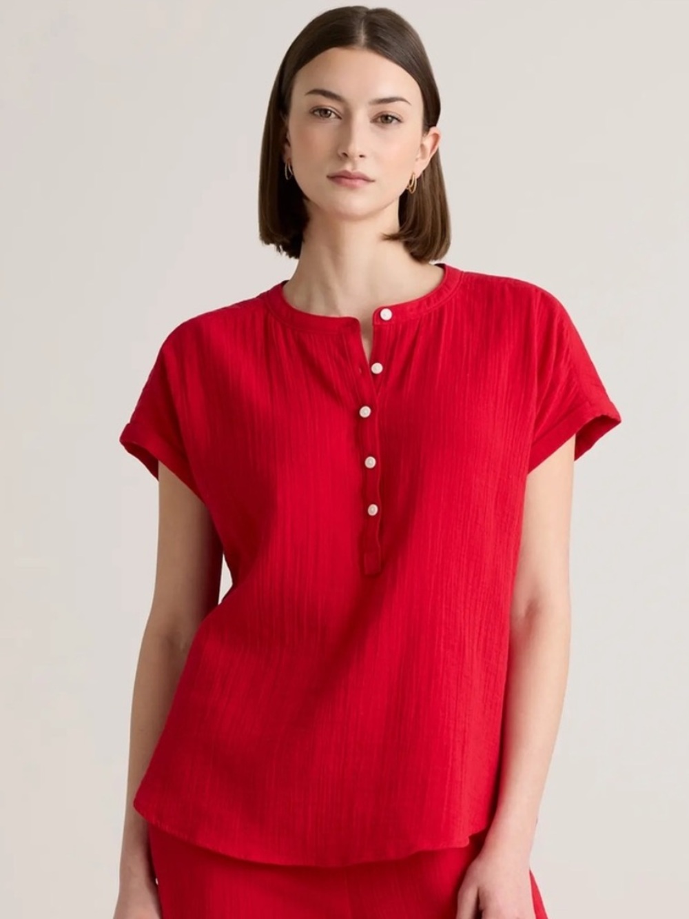 Quince 100% Organic Cotton Gauze Roll Sleeve Shirt Wild Cherry Medium